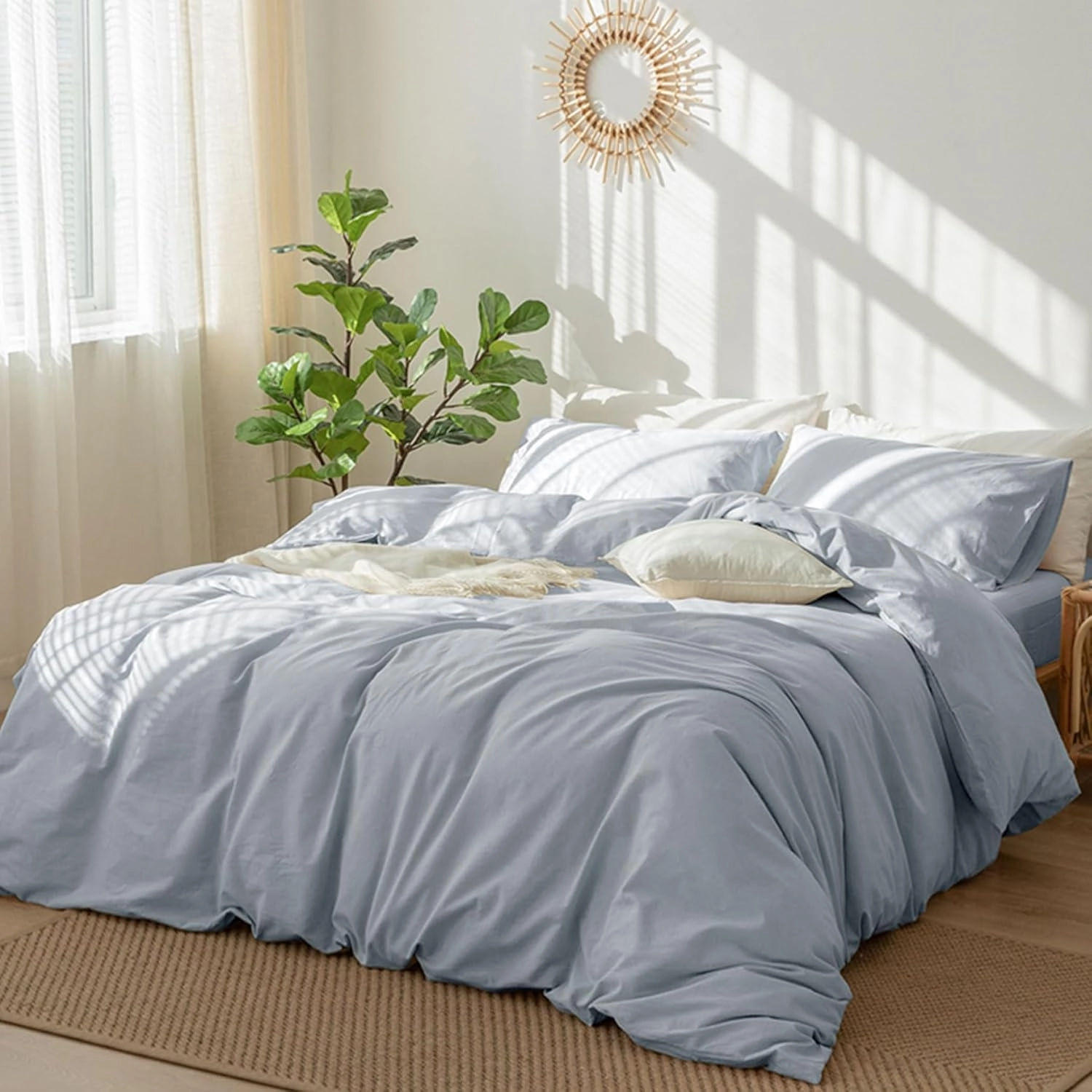 MooMee Bedding Duvet Cover Set 100% Washed Cotton Linen Like Textured Breathable Durable Soft Comfy (Heathered Cornflower Blue, King 104"x90")