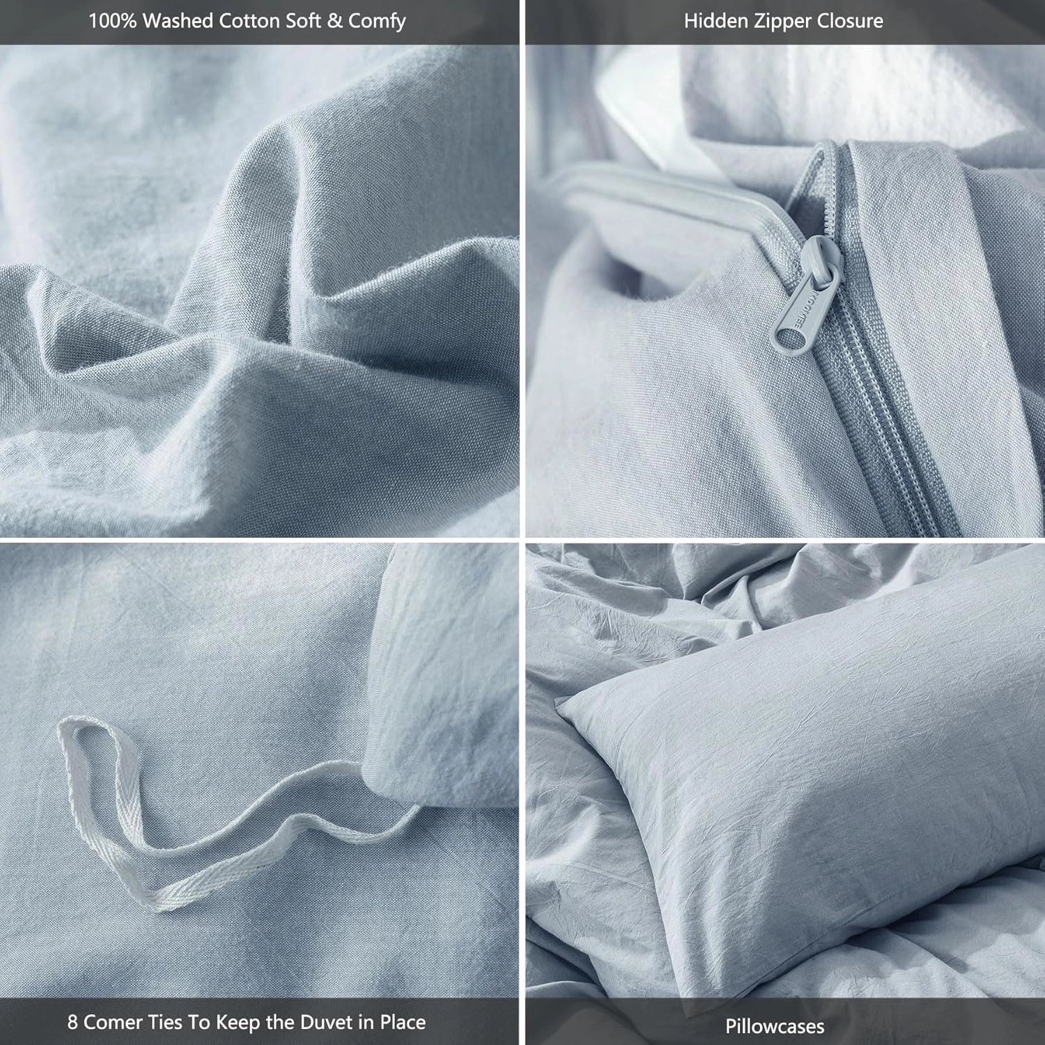 MooMee Bedding Duvet Cover Set 100% Washed Cotton Linen Like Textured Breathable Durable Soft Comfy (Heathered Cornflower Blue, King 104"x90")