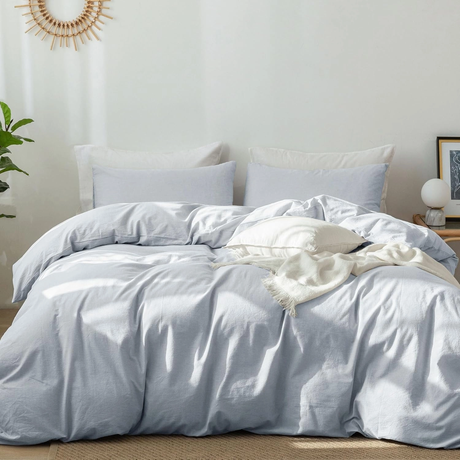 MooMee Bedding Duvet Cover Set 100% Washed Cotton Linen Like Textured Breathable Durable Soft Comfy (Heathered Cornflower Blue, King 104"x90")