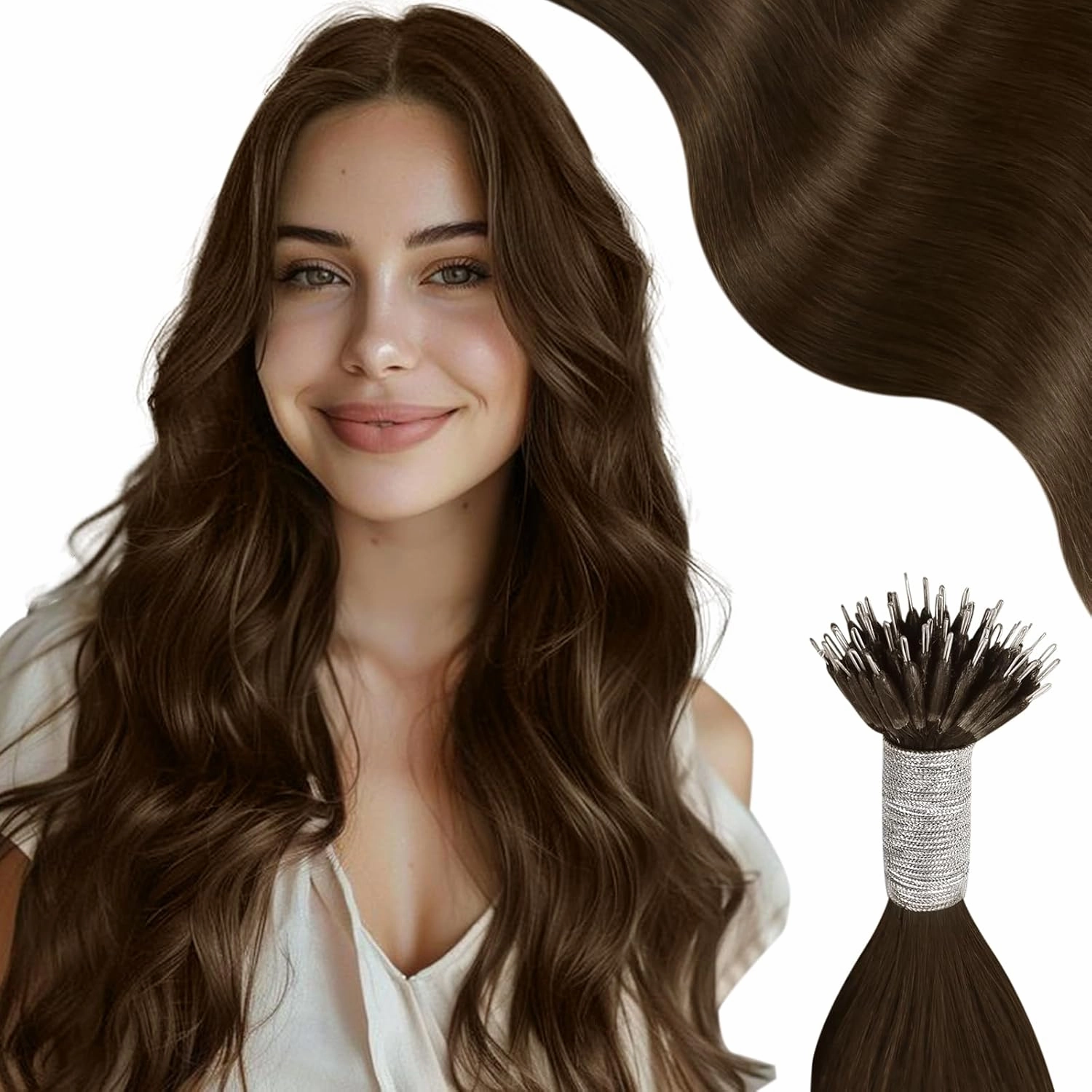 Moresoo Nano Tip Hair Extensions Real Human Hair Dark Brown Nano Ring Remy Hair Extensions Long Straight 20 inch 50g/50s