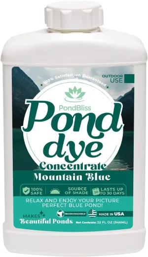 Mountain Blue Pond Dye, Fish Safe 1 Acre Concentrate for Koi, Ornamental and Livestock Ponds - 1 Quart Liquid Dye (32oz)