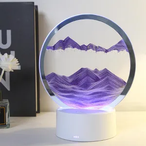 Moving Sand Art Liquid Motion, with Light(7 Color/Touch Control), Round Glass Flow Sand Painting, Desktop Quicksand Decor - Relaxing Sensory for Home & Office (Purple Sand)