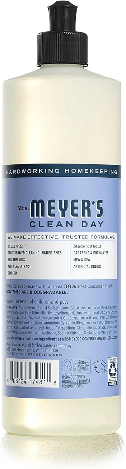 Mrs. Meyer's Clean Day Dishwashing Liquid Dish Soap, Cruelty Free Formula, Bluebell Scent, 16 Ounce (Pack of 3)