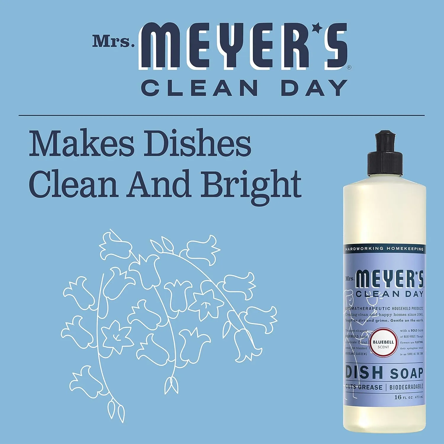 Mrs. Meyer's Clean Day Dishwashing Liquid Dish Soap, Cruelty Free Formula, Bluebell Scent, 16 Ounce (Pack of 3)