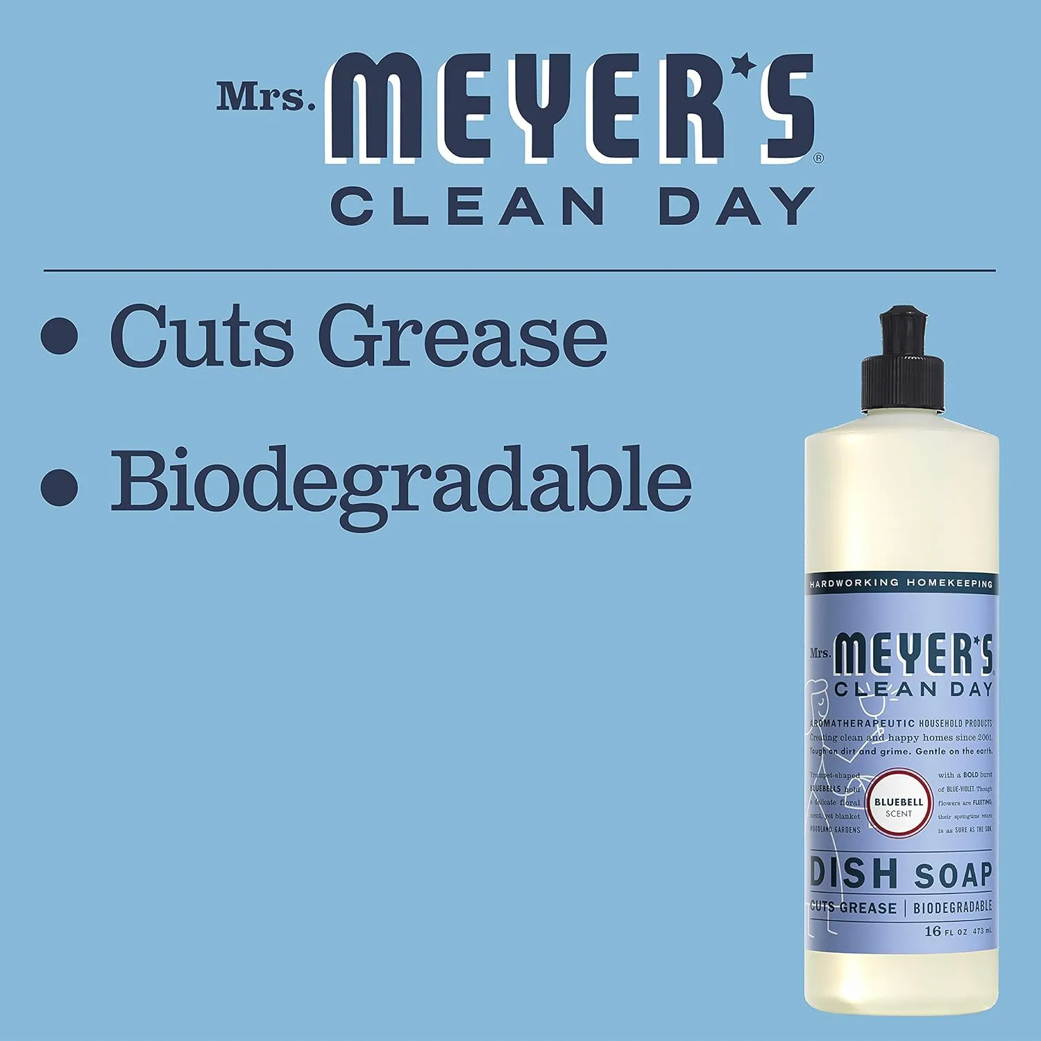Mrs. Meyer's Clean Day Dishwashing Liquid Dish Soap, Cruelty Free Formula, Bluebell Scent, 16 Ounce (Pack of 3)
