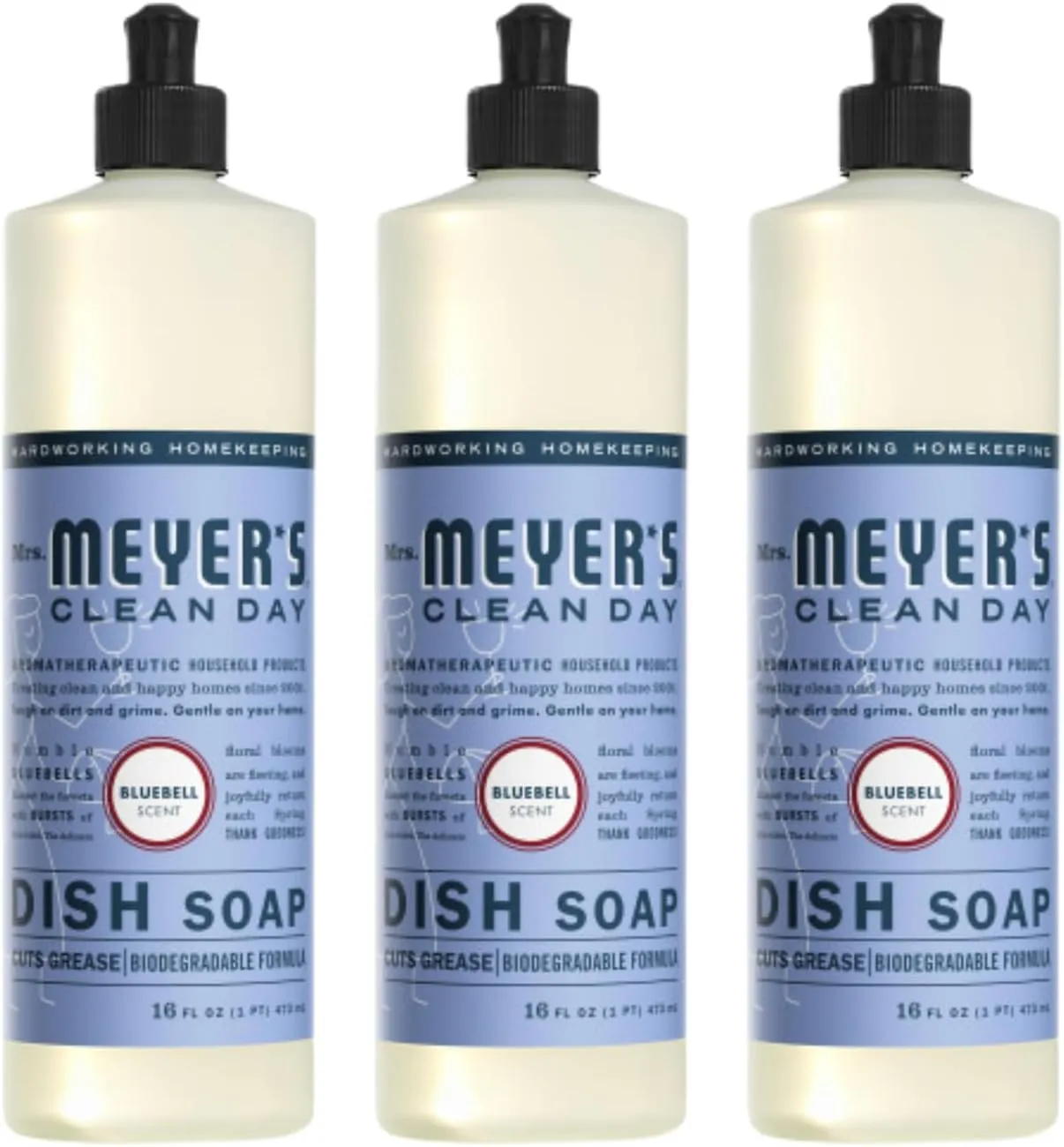 Mrs. Meyer's Clean Day Dishwashing Liquid Dish Soap, Cruelty Free Formula, Bluebell Scent, 16 Ounce (Pack of 3)