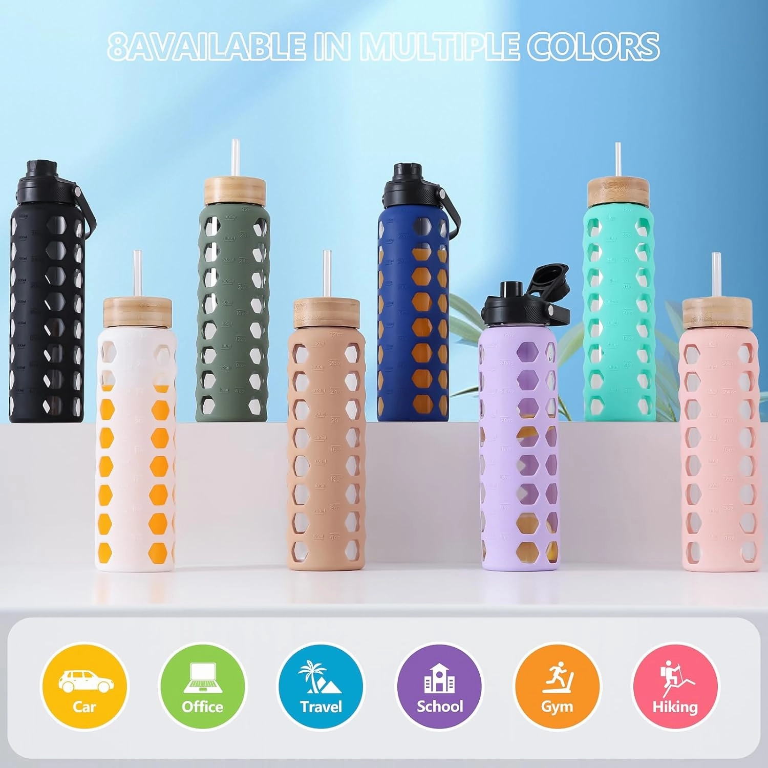 MUKOKO Glass Water Bottles, 32oz Glass Tumbler with Straw, Drinking Bottles with 2 Lids-Handle Spout Lid&Bamboo Straw Lid, Motivational Water Bottle with Time Marker and Silicone Sleeve, 1 Pack-Blue