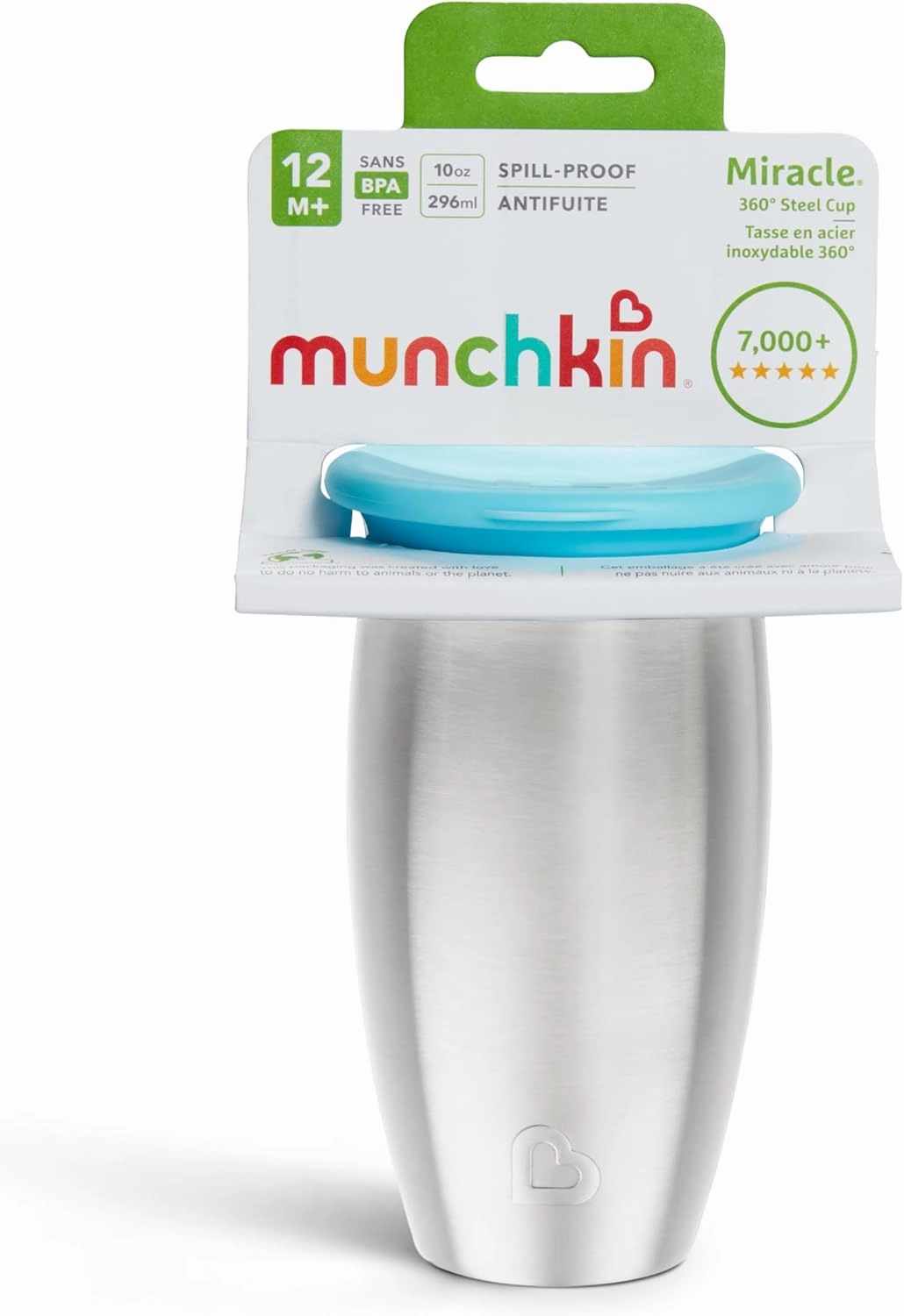 Munchkin Stainless Steel Sippy Cups for Toddlers 1-3, Spill Proof Miracle 360 Cup, Insulated, 10 Ounce, Blue
