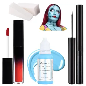 Mysense Sally Makeup Kit,Halloween Sally Costume Corpse Bride Makeup,Sally Face Cosplay Accessories for Women Girls Kids,Light Blue Face Paint Red Lipstick Black Liquid Eyeliner Sponges