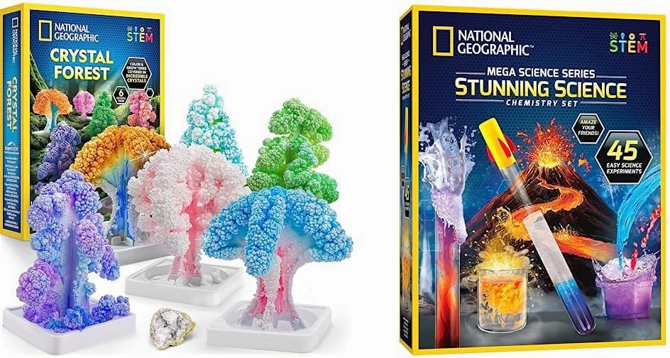 NATIONAL GEOGRAPHIC Craft Kits for Kids - Crystal Growing Kit, Grow 6 Crystal Trees in Just 6 Hours, Educational & Stunning Chemistry Set - Mega Science Kit with 45 Easy Experiments- Make a Volcano