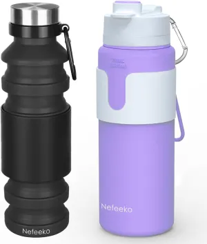 Nefeeko 18oz and 26oz Collapsible Water Bottles Bundles, Silicone Foldable Water Bottles Leakproof BPA Free Travel Water Bottles with Carabiner (Black Purple)