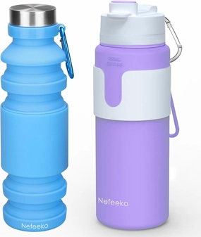 Nefeeko 18oz and 26oz Collapsible Water Bottles Bundles, Silicone Foldable Water Bottles Leakproof BPA Free Travel Water Bottles with Carabiner (Blue Purple)
