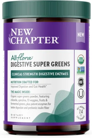 New Chapter All-Flora Digestive Super Greens Powder for Gut Health - Clinical-Strength Digestive Enzymes   USDA Organic Chlorella, Spirulina, Fermented Greens – Delicious & 100% Vegan, 30 Servings