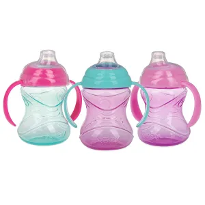 Nuby Clik-It Grip N' Sip Soft Spout No-Spill Training Sippy Cup with Handles - (3-Pack) 10 oz - 4  Months - Aqua/Purple/Pink