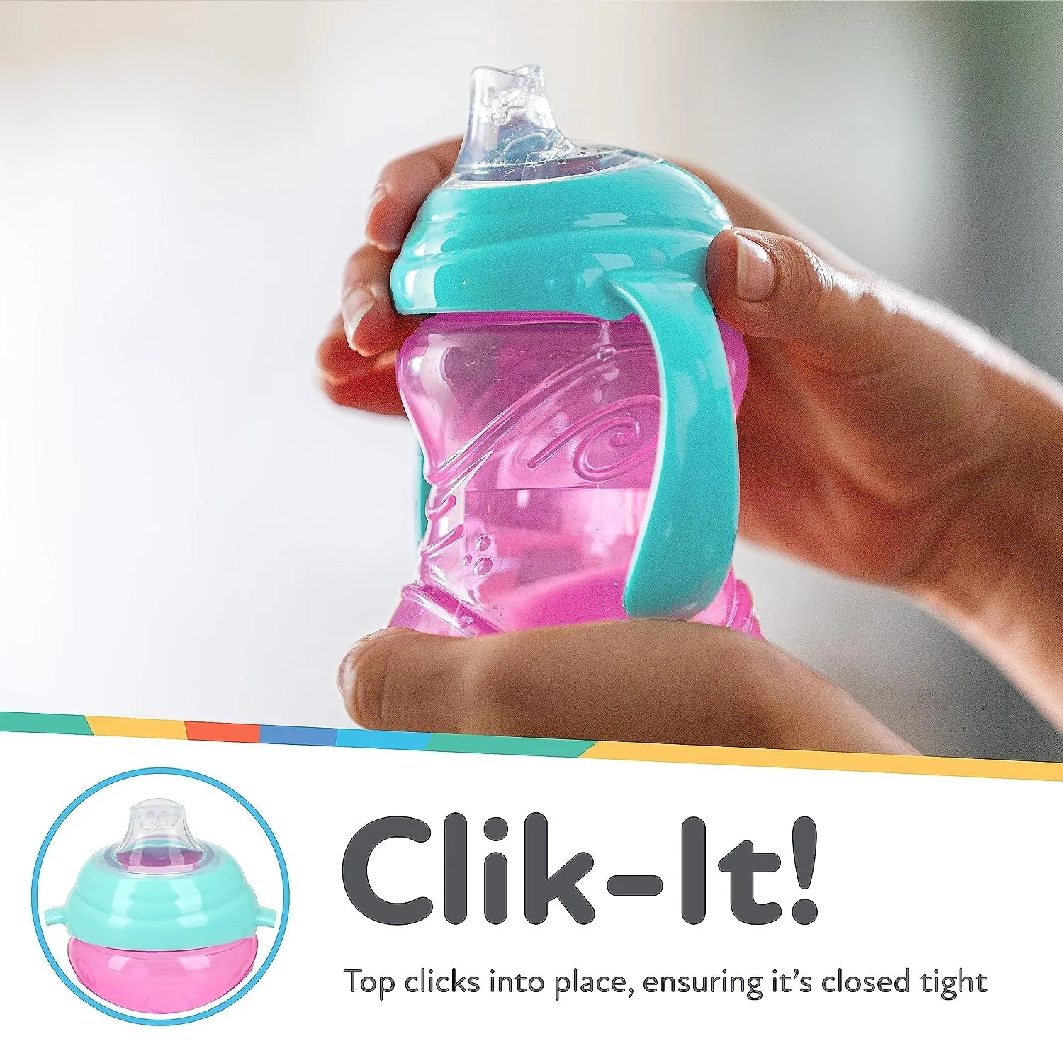 Nuby Clik-It Grip N' Sip Soft Spout No-Spill Training Sippy Cup with Handles - (3-Pack) 10 oz - 4  Months - Aqua/Purple/Pink