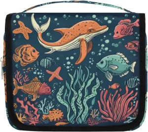 Ocean Whale Fish Hanging Travel Toiletry Bag Kit Makeup Case Cosmetics Organizer Sea Coral Toiletry Bag for Women Make up Accessories Shampoo Body Cream Brushes Set