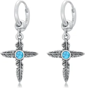 OHAYOO Western Feather Cross Hoop Earrings 925 Sterling Silver Cross Feather Huggie Earrings, Country-Inspired Jewelry Gift for Graduation, Summer Camp, Sisters & Birthday Parties