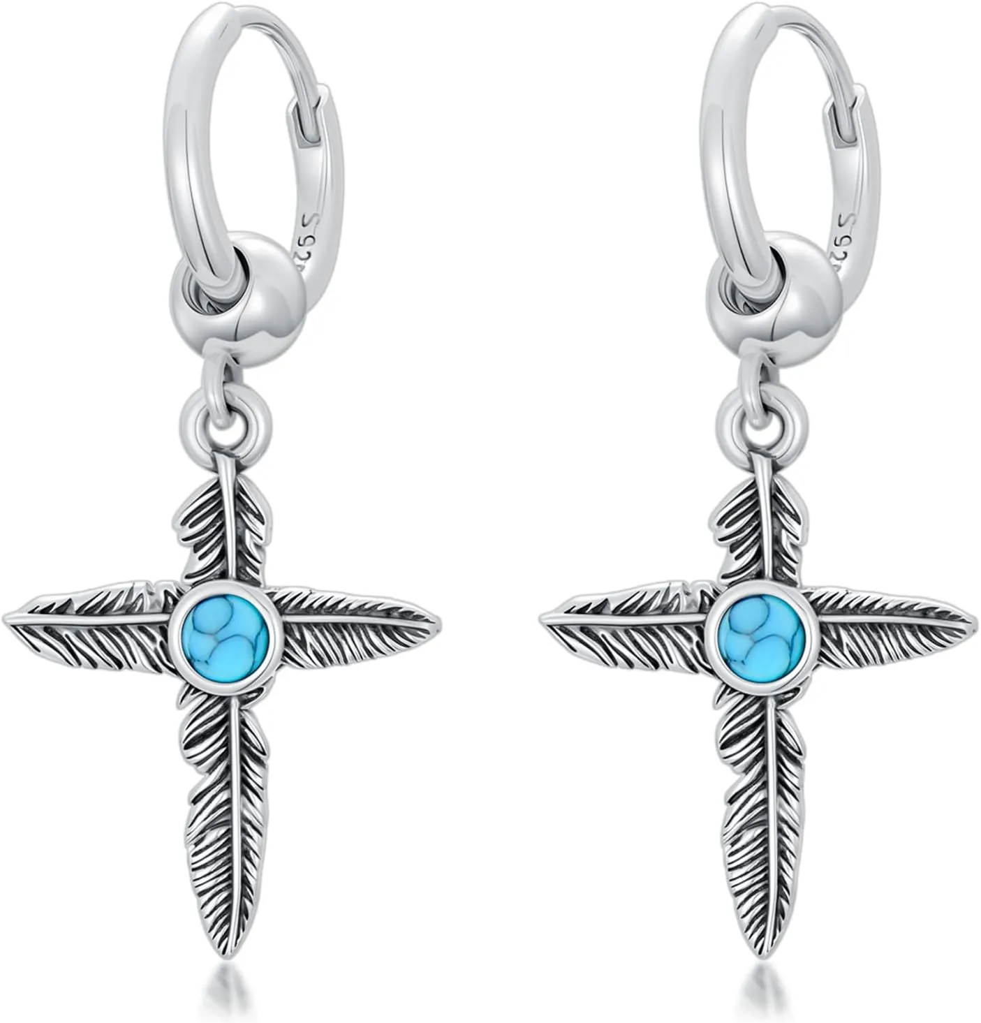 OHAYOO Western Feather Cross Hoop Earrings 925 Sterling Silver Cross Feather Huggie Earrings, Country-Inspired Jewelry Gift for Graduation, Summer Camp, Sisters & Birthday Parties
