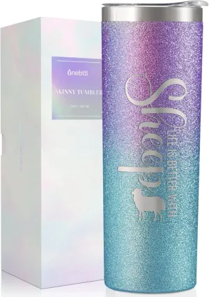 Onebttl Stainless Steel Sheep Tumbler, 20oz, Blue & Purple Glitter, Spill-Proof, Keeps Drinks Hot/Cold, Lid Included