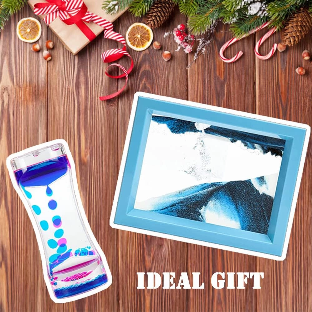 Oneshow Moving Sand Art Picture and Liquid Motion Bubbler for Sensory Play Calm Stress Relief Fidget Activity for Children Kid Adult Home Office Desk Decor Birthday, Blue