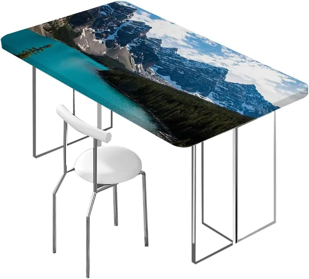 OOzie Aqua Blue Fitted Tablecloth Surrounded by High Peaks and Trees Picture Elastic Edged Table Cover for Indoor Outdoor Patio Picnic Lake Fits up 4 Foot Tables