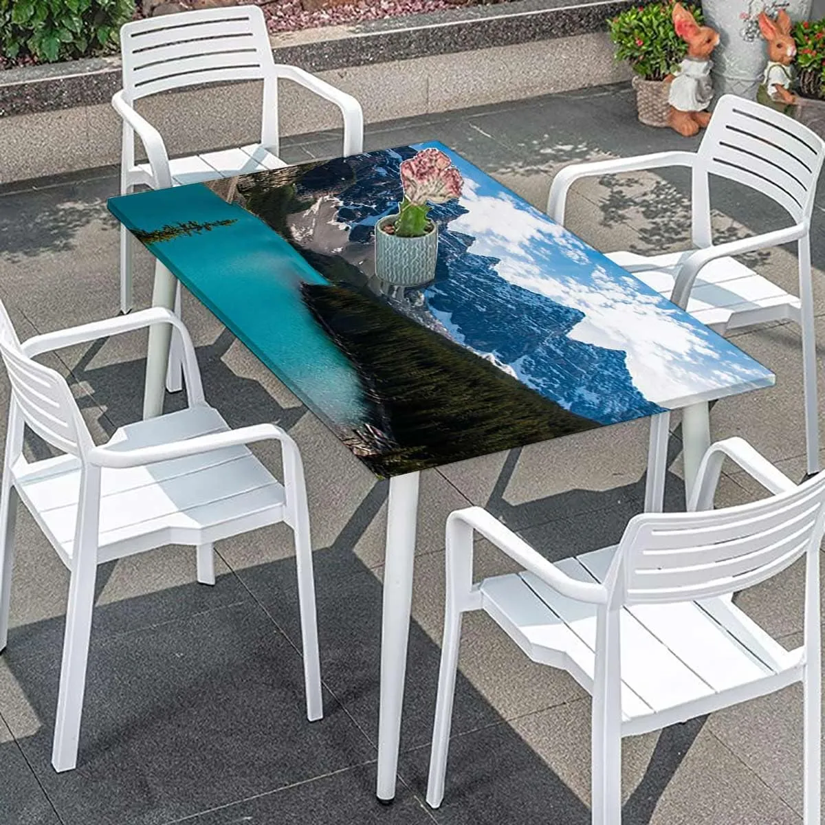 OOzie Aqua Blue Fitted Tablecloth Surrounded by High Peaks and Trees Picture Elastic Edged Table Cover for Indoor Outdoor Patio Picnic Lake Fits up 4 Foot Tables