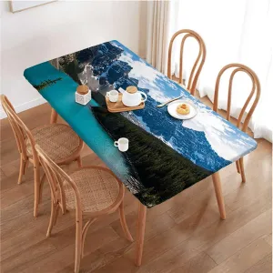 OOzie Aqua Blue Fitted Tablecloth Surrounded by High Peaks and Trees Picture Elastic Edged Table Cover for Indoor Outdoor Patio Picnic Lake Fits up 4 Foot Tables