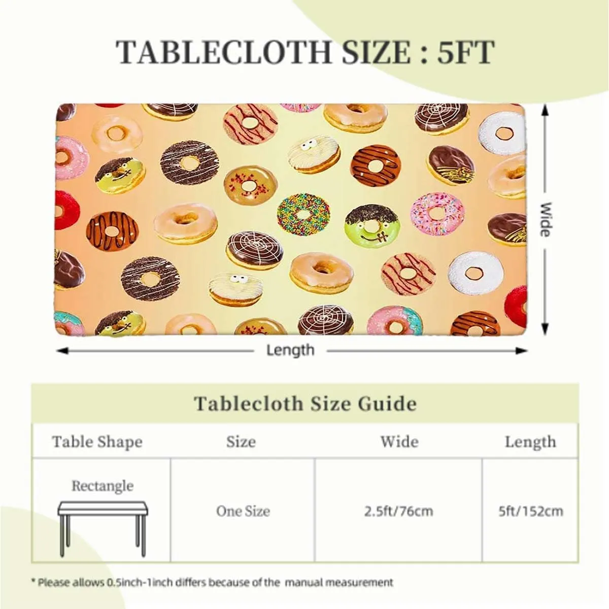 OOzie Coral Cream Elastic Tablecloth Breakfast Fast Food Dessert Donuts Art Waterproof Elastic Fitted Table Covers,Camping, Indoor, Outdoor Food Decor Fits up 5 Foot Tables