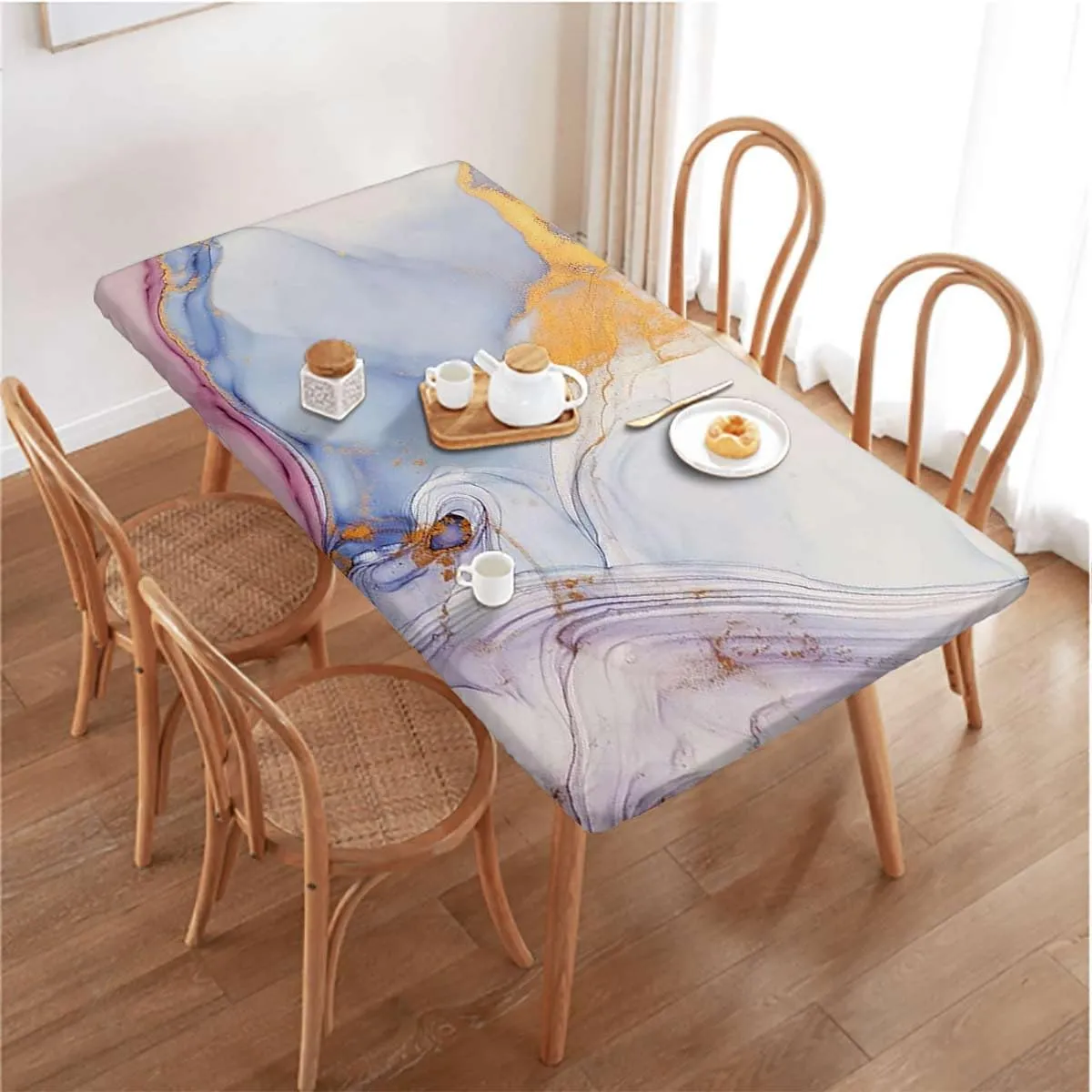 OOzie Multicolor Fitted Tablecloth for Rectangle Table Cloudy Hazy Crack Lines Waterproof Elastic Fitted Table Covers,Camping, Indoor, Outdoor Blue Purple Marble Fits up 5 Foot Tables