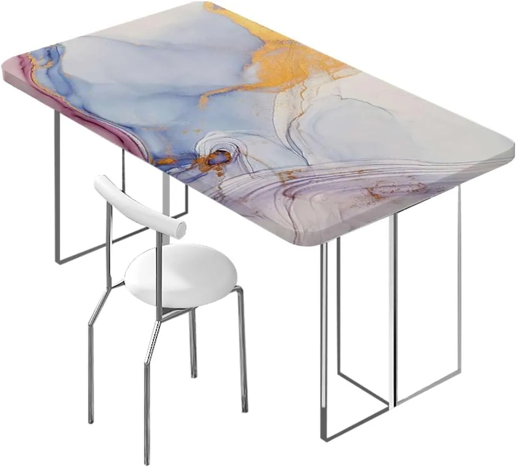 OOzie Multicolor Fitted Tablecloth for Rectangle Table Cloudy Hazy Crack Lines Waterproof Elastic Fitted Table Covers,Camping, Indoor, Outdoor Blue Purple Marble Fits up 5 Foot Tables