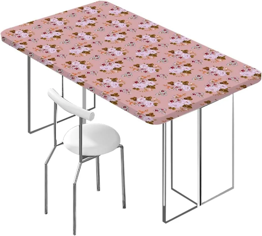 OOzie Pink Purple Fitted Tablecloth for Rectangle Table Modern Romantic Floral Design Waterproof Wipeable Table Cloth Protector Abstract Fits up 4 Foot Tables