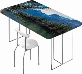OOzie Green Blue Elastic Fitted Tablecloths, Lake Summer Time with Mountains Image Tablecloth ?Suitable for Camping Party and Picnic Lake Fits up 4 Foot Tables