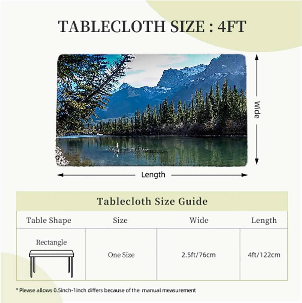 OOzie Green Blue Elastic Fitted Tablecloths, Lake Summer Time with Mountains Image Tablecloth ?Suitable for Camping Party and Picnic Lake Fits up 4 Foot Tables
