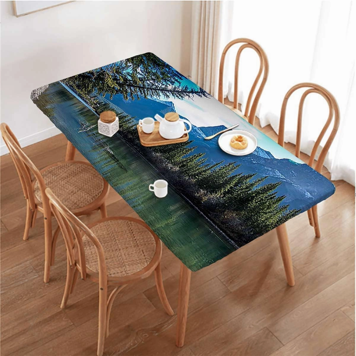 OOzie Green Blue Elastic Fitted Tablecloths, Lake Summer Time with Mountains Image Tablecloth ?Suitable for Camping Party and Picnic Lake Fits up 4 Foot Tables