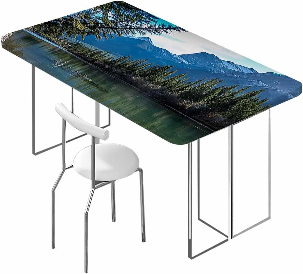 OOzie Green Blue Elastic Fitted Tablecloths, Lake Summer Time with Mountains Image Tablecloth ?Suitable for Camping Party and Picnic Lake Fits up 4 Foot Tables