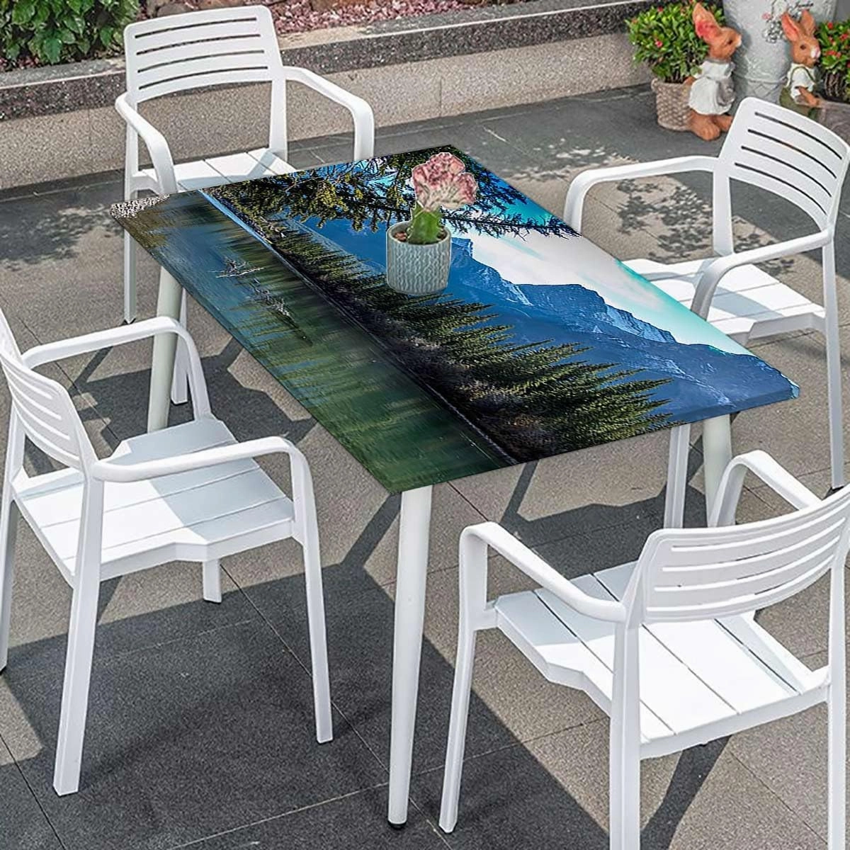 OOzie Green Blue Elastic Fitted Tablecloths, Lake Summer Time with Mountains Image Tablecloth ?Suitable for Camping Party and Picnic Lake Fits up 4 Foot Tables