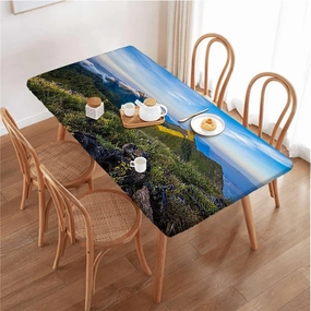 OOzie Green Blue Fitted Tablecloth Cover, Mountain by The Lake with Fairy Cloudy Tablecloth Elastic Edge Fitted Table Cover Leaves Apartment Fits up 4 Foot Tables