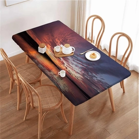 Orange Mauve Blue Tablecloth Fitted Rectangle Sunrise Cloudy Sky at Seashore Tablecloth Great for Indoor and Outdoor Dining and Playing Cards Colorful Fits up 5 Foot Tables