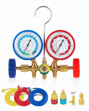 Orion Motor Tech AC Gauges, Automotive AC Gauge Set for R134a R12 R22 R502, 3 Way AC Manifold Gauge Set with 5FT Hoses Couplers & Adapter, PR134A Can Tap Freon Recharge Kit for HVAC