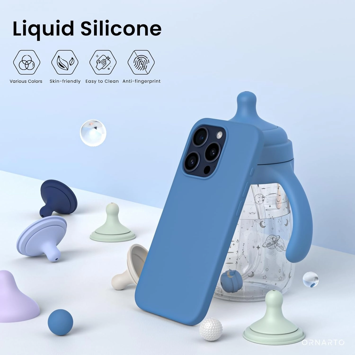 ORNARTO Compatible with iPhone 15 Pro Max Case 6.7", Slim Liquid Silicone 3 Layers Soft Gel Rubber Shockproof Protective Phone Case with Anti-Scratch Microfiber Lining-Blue