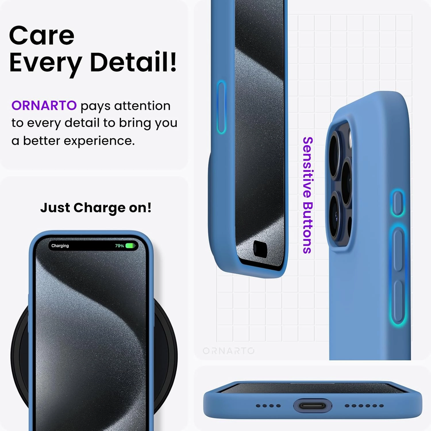 ORNARTO Compatible with iPhone 15 Pro Max Case 6.7", Slim Liquid Silicone 3 Layers Soft Gel Rubber Shockproof Protective Phone Case with Anti-Scratch Microfiber Lining-Blue