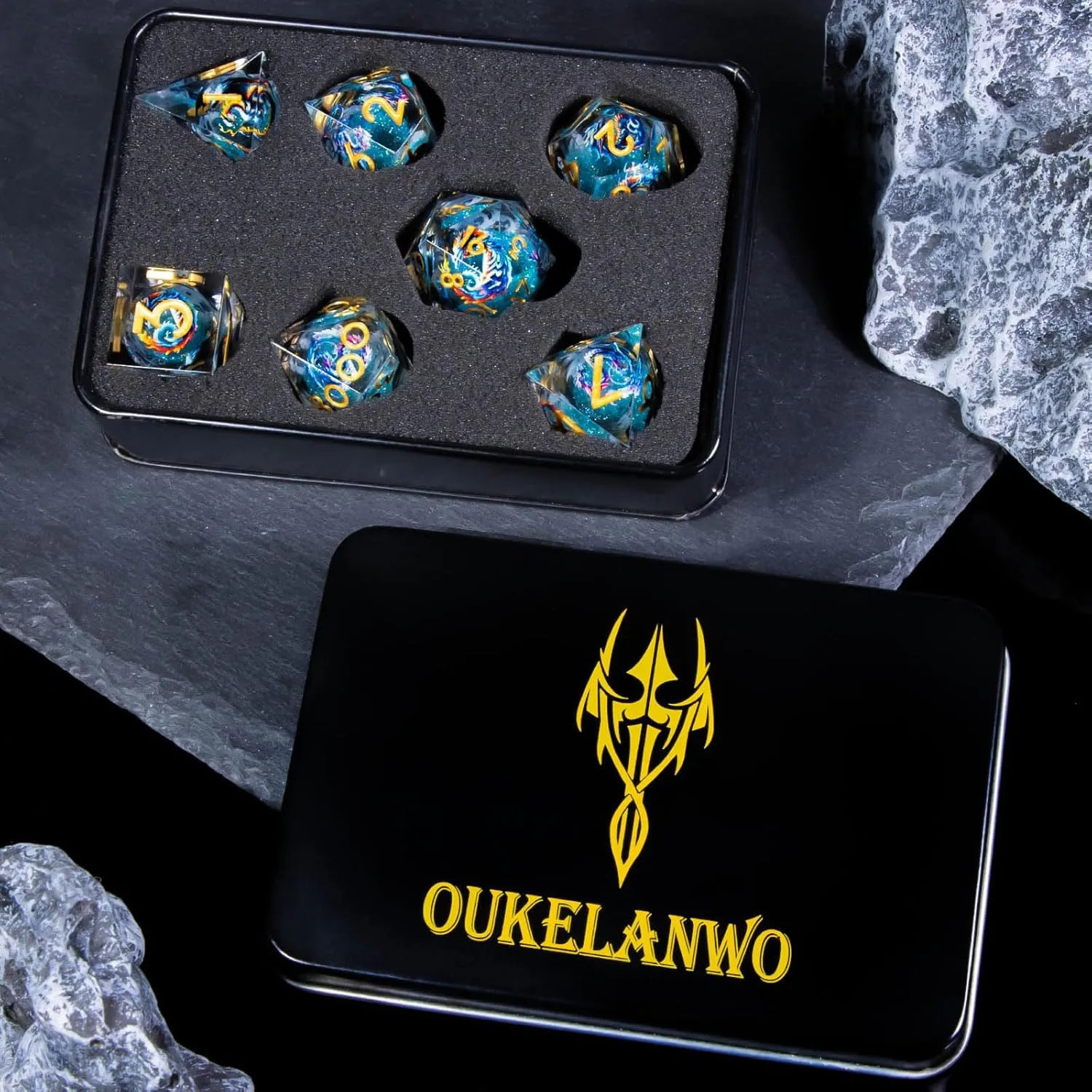 OUKELANWO Resin Sharp Edge DND Dice Set, Liquid Core Dice Set for Role Playing Game, 7pcs Blue Gold Polyhedral D and D Dice with Gift Box D20 D12 D10 D8 D6 D4