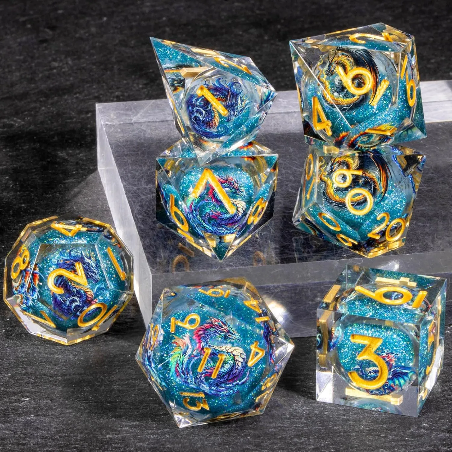 OUKELANWO Resin Sharp Edge DND Dice Set, Liquid Core Dice Set for Role Playing Game, 7pcs Blue Gold Polyhedral D and D Dice with Gift Box D20 D12 D10 D8 D6 D4