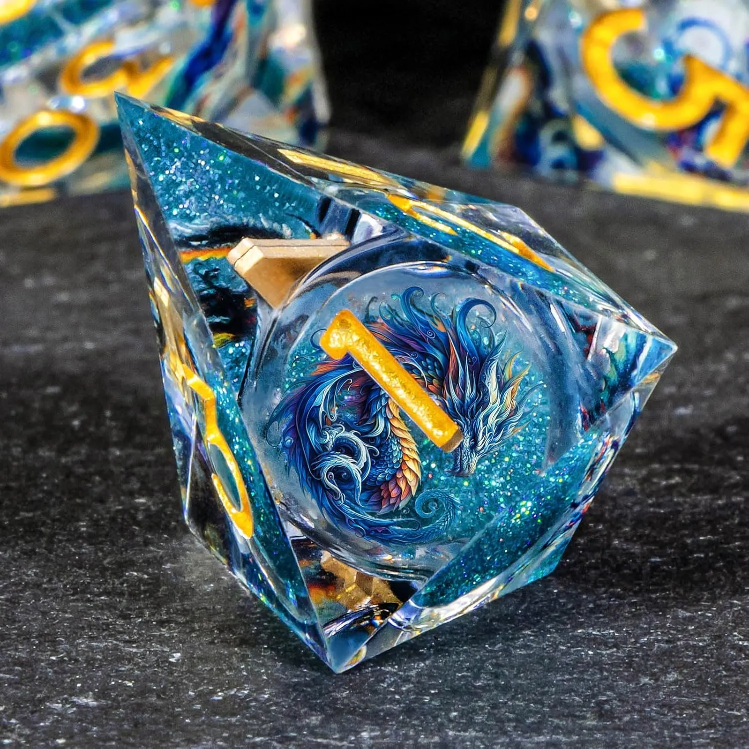 OUKELANWO Resin Sharp Edge DND Dice Set, Liquid Core Dice Set for Role Playing Game, 7pcs Blue Gold Polyhedral D and D Dice with Gift Box D20 D12 D10 D8 D6 D4