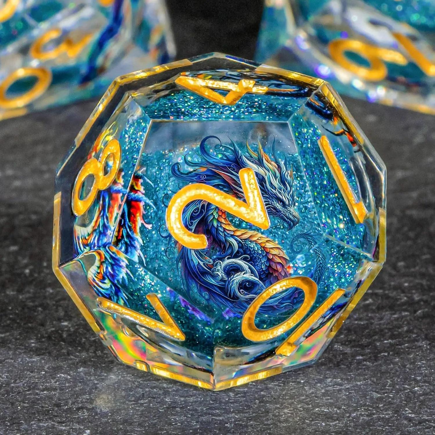 OUKELANWO Resin Sharp Edge DND Dice Set, Liquid Core Dice Set for Role Playing Game, 7pcs Blue Gold Polyhedral D and D Dice with Gift Box D20 D12 D10 D8 D6 D4