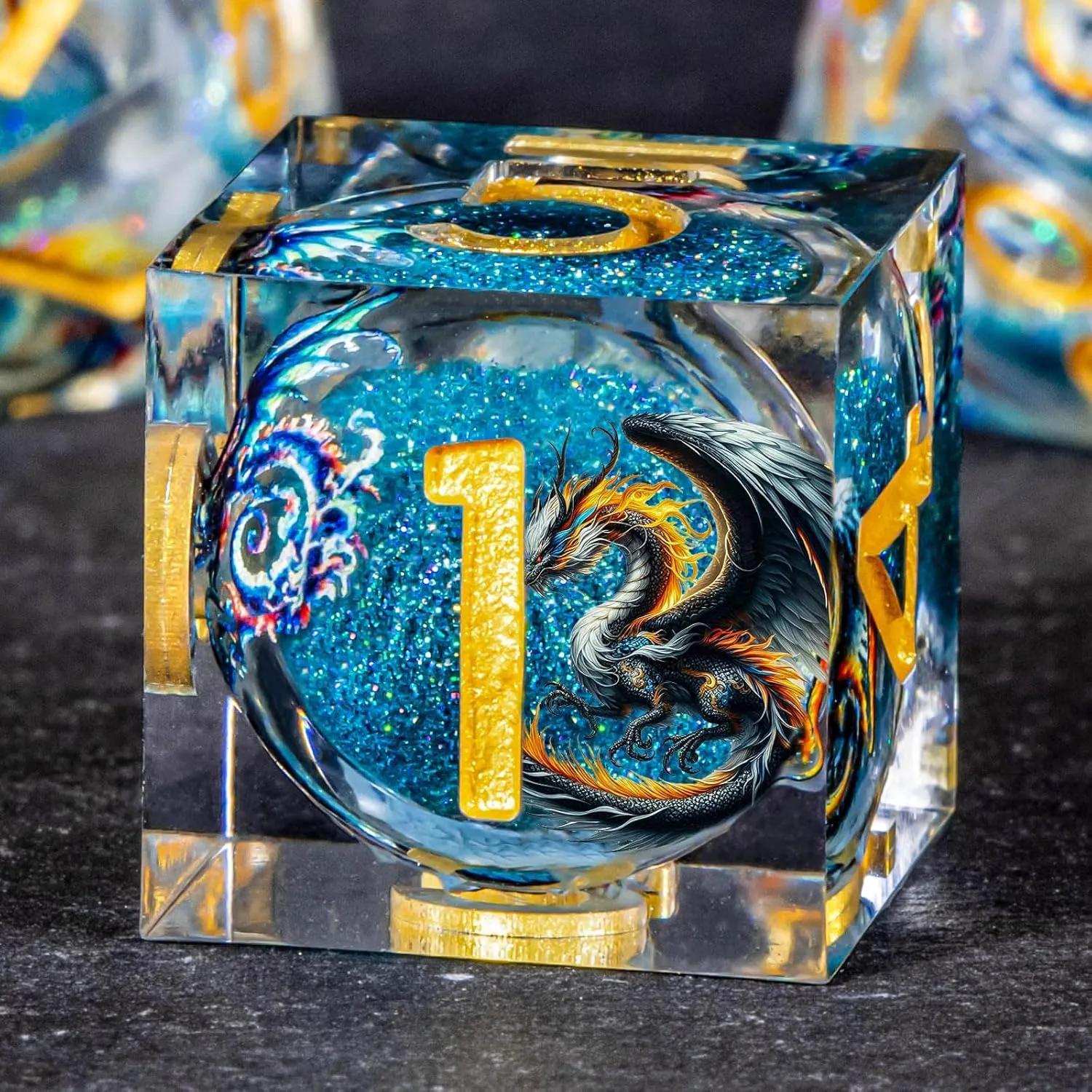 OUKELANWO Resin Sharp Edge DND Dice Set, Liquid Core Dice Set for Role Playing Game, 7pcs Blue Gold Polyhedral D and D Dice with Gift Box D20 D12 D10 D8 D6 D4