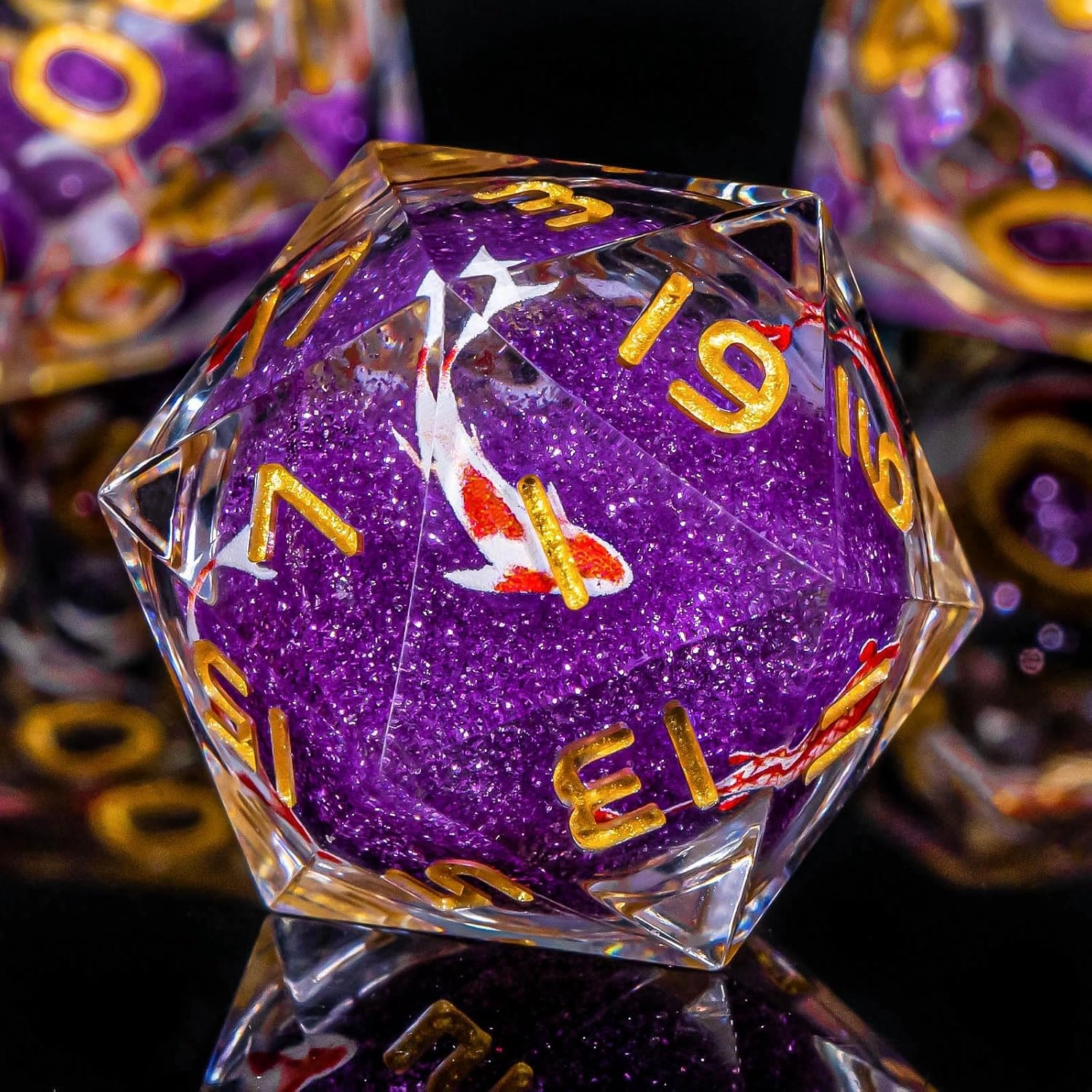 OUKELANWO Liquid Core Koi Fish DND Dice Set D&D,Purple Sharp Edge Dice with Gift Box, 7Pcs Resin Role Playing Dice D20 D12 D10 D8 D6 D4