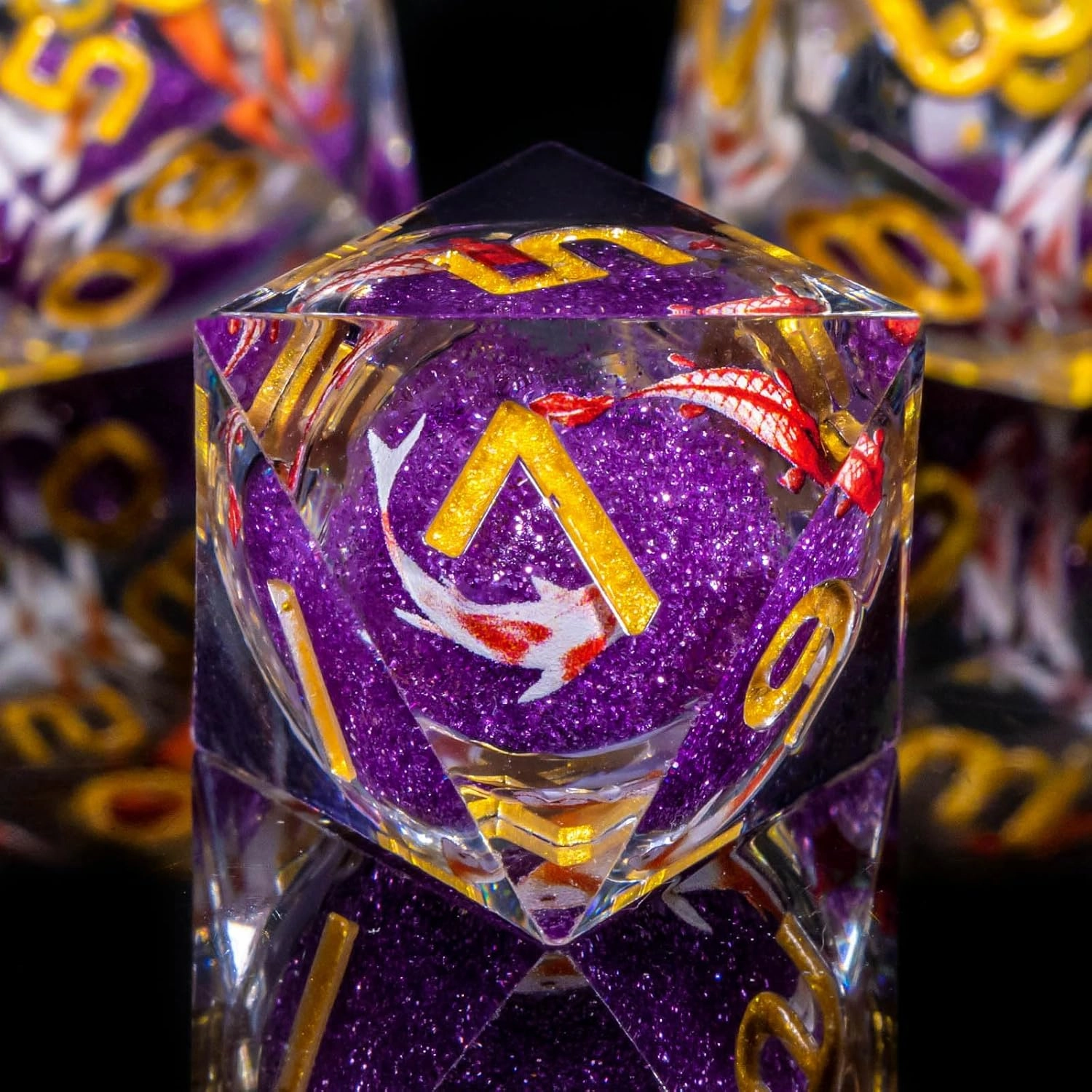 OUKELANWO Liquid Core Koi Fish DND Dice Set D&D,Purple Sharp Edge Dice with Gift Box, 7Pcs Resin Role Playing Dice D20 D12 D10 D8 D6 D4