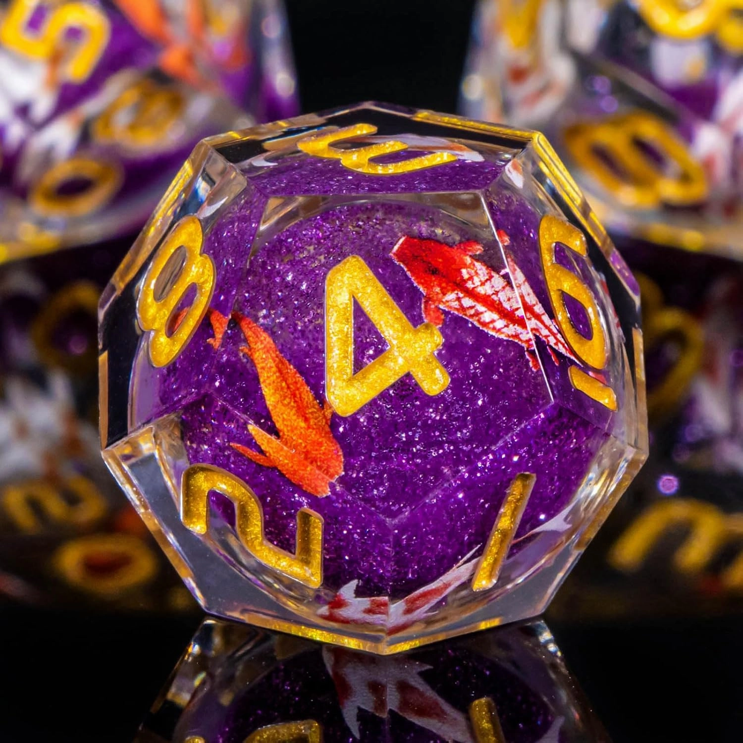 OUKELANWO Liquid Core Koi Fish DND Dice Set D&D,Purple Sharp Edge Dice with Gift Box, 7Pcs Resin Role Playing Dice D20 D12 D10 D8 D6 D4