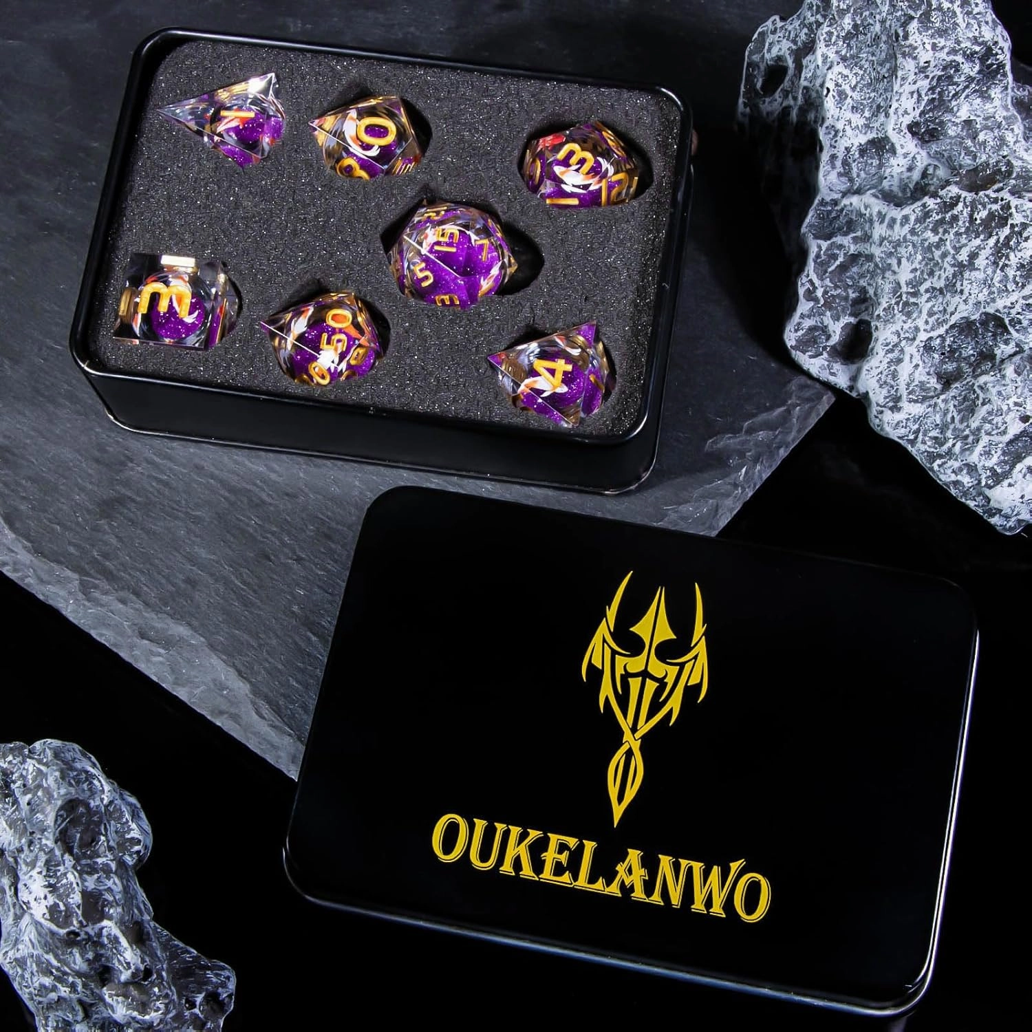 OUKELANWO Liquid Core Koi Fish DND Dice Set D&D,Purple Sharp Edge Dice with Gift Box, 7Pcs Resin Role Playing Dice D20 D12 D10 D8 D6 D4